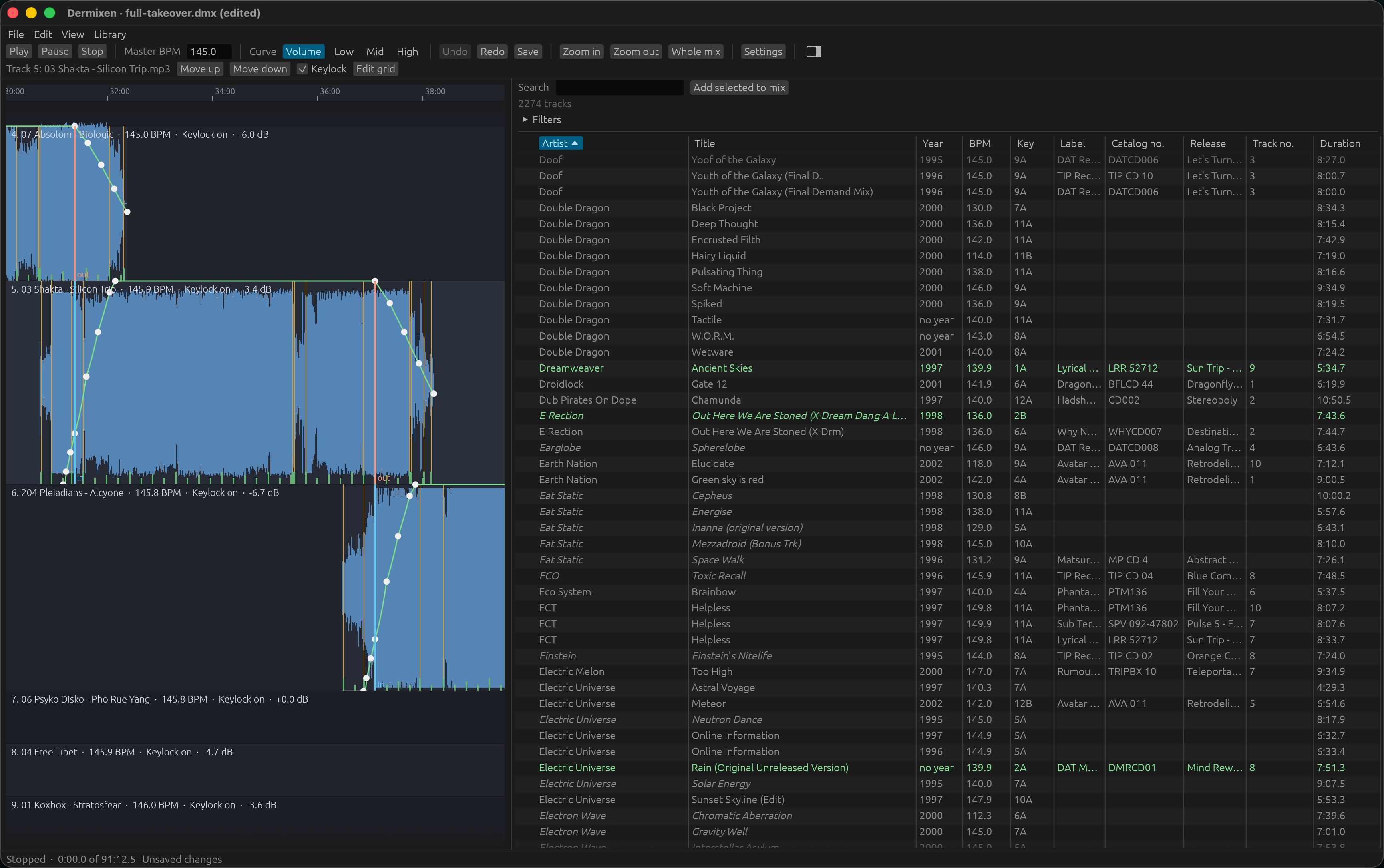 The library panel open beside the timeline: a table of 2,274 tracks with artist, title, year, tempo, Camelot key, label, catalog number, release, track number, and duration, and the search field above it.