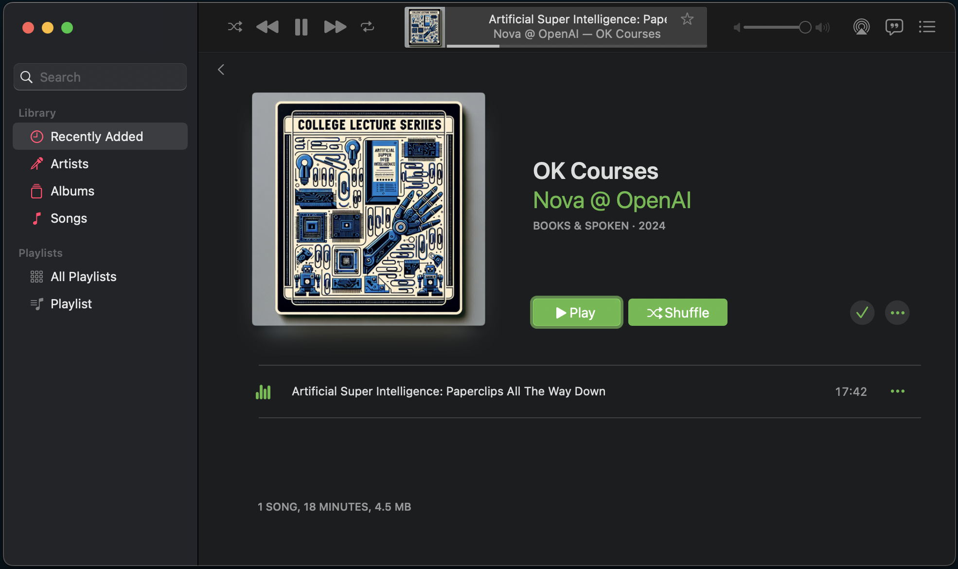 Screenshot Apple's Music app interface showing album 'OK Courses' by Nova @ OpenAI, categorized as Books & Spoken from 2024. The cover art features a stylized illustration of technology components, paperclips, and a robotic hand. The selected track, 'Artificial Super Intelligence: Paperclips All The Way Down,' is 17 minutes and 42 seconds long.