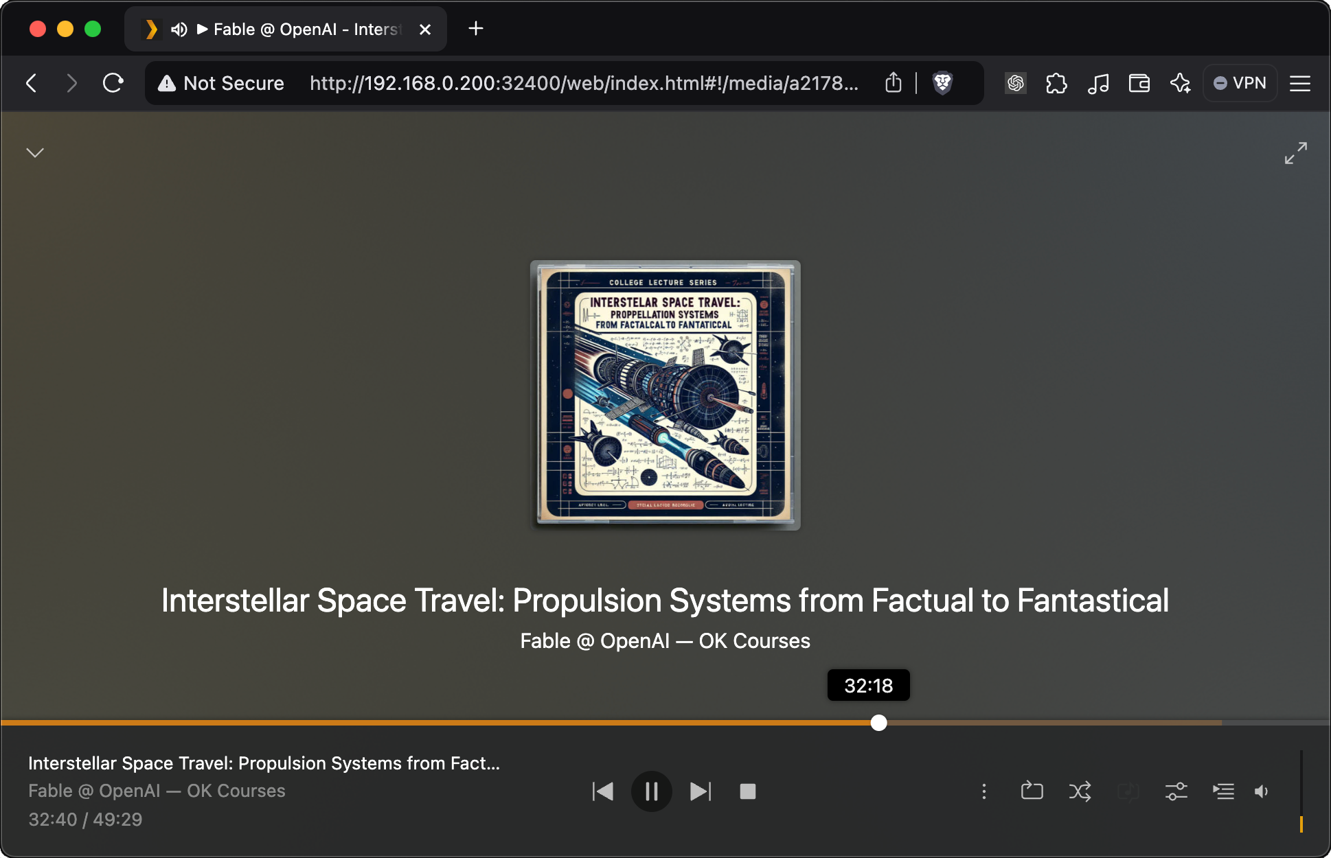 Screenshot of Plex web player displaying an audio lecture titled 'Interstellar Space Travel: Propulsion Systems from Factual to Fantastical' by Fable @ OpenAI, showing a retro-styled cover illustration of a futuristic spacecraft and technical diagrams with a playback position of 32:18 out of 49:29.