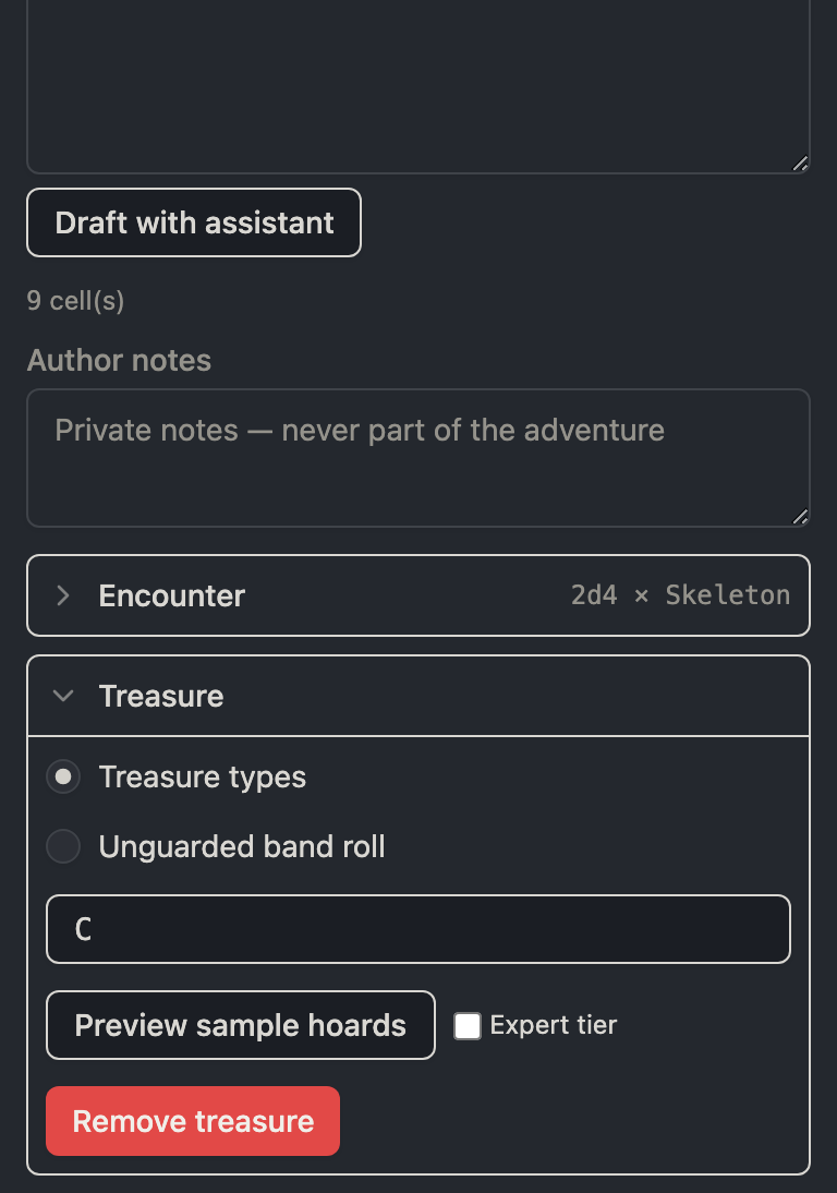 The area panel's encounter card, collapsed to its module notation, above an expanded treasure card