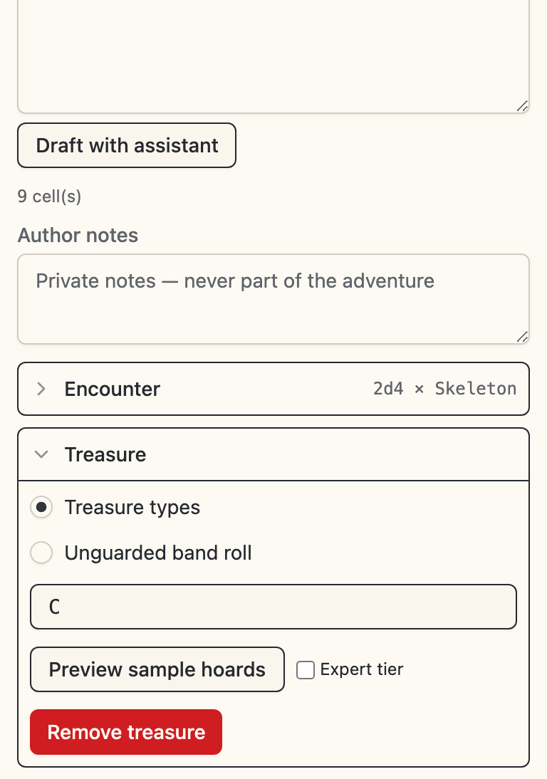 The area panel's encounter card, collapsed to its module notation, above an expanded treasure card