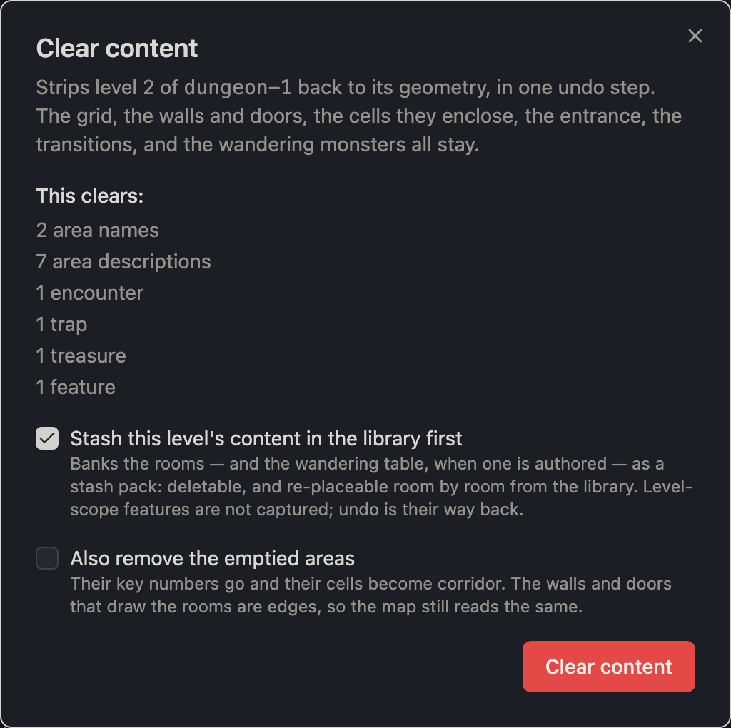 The clear-content dialog with its tally and the stash offer