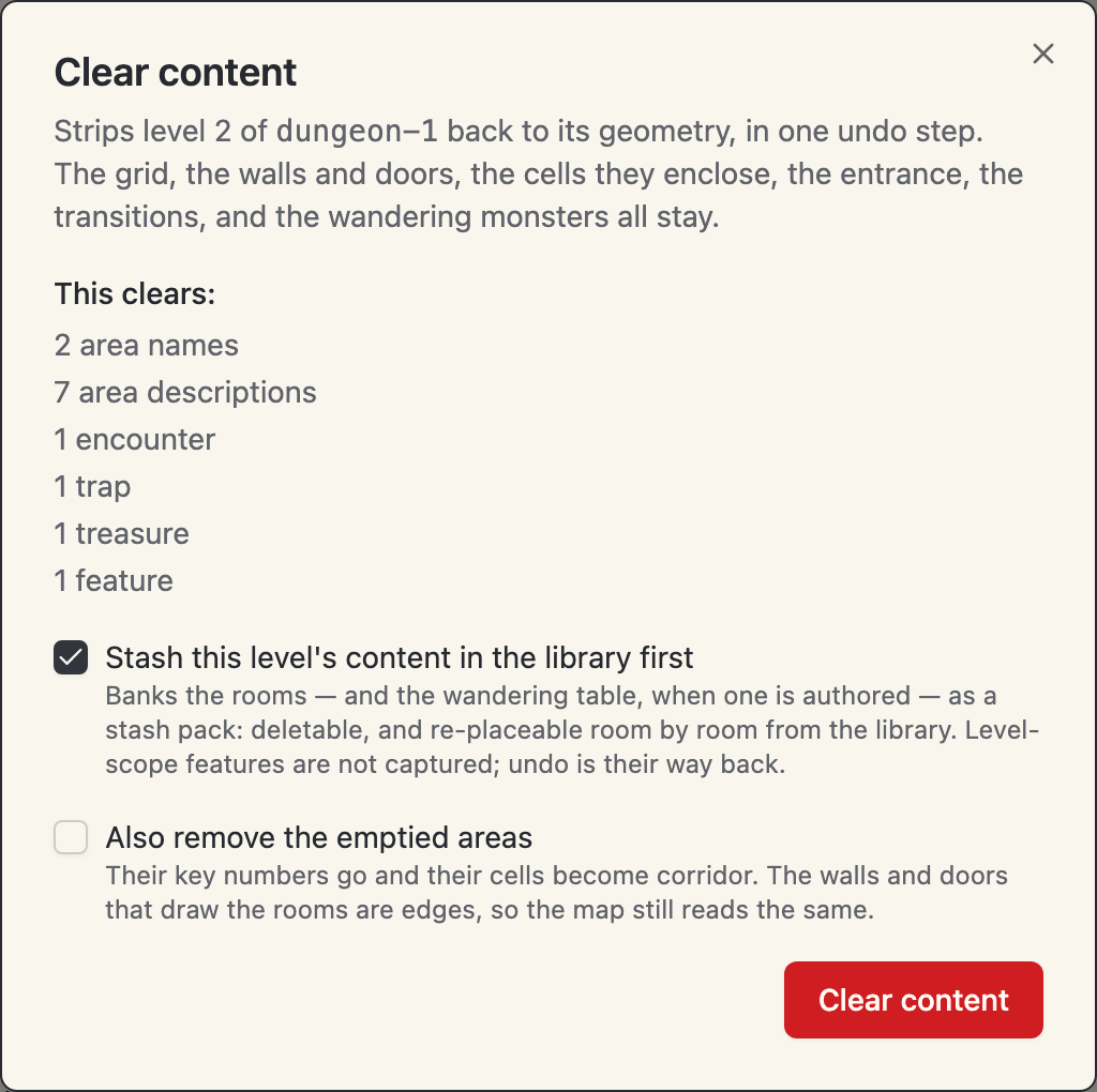 The clear-content dialog with its tally and the stash offer