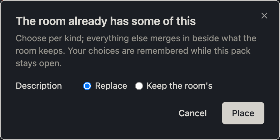 The collision dialog naming the colliding kinds with replace-or-keep choices