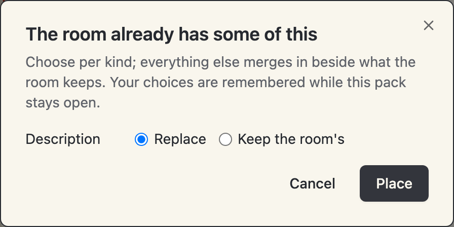 The collision dialog naming the colliding kinds with replace-or-keep choices