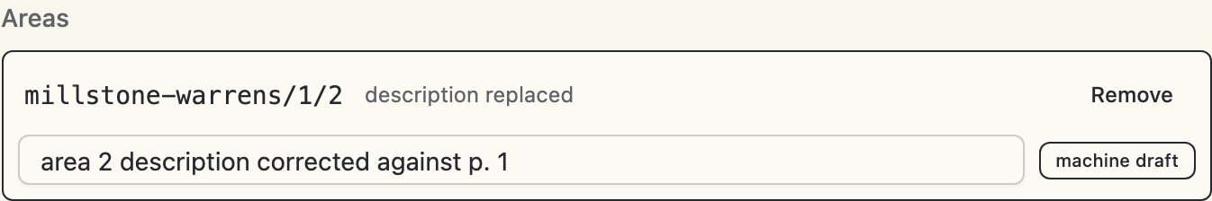The corrections panel listing an overrides entry with its inline, editable reason