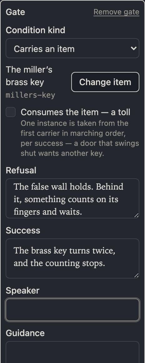 The door inspector with an open gate card: the has-item condition naming the brass key, the consumes toggle, and the authored refusal and success beats
