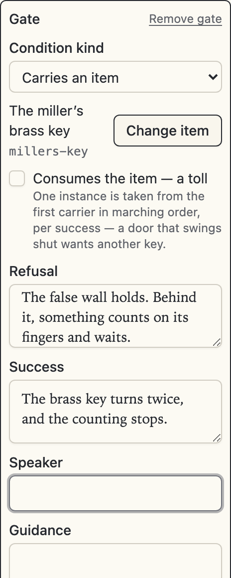 The door inspector with an open gate card: the has-item condition naming the brass key, the consumes toggle, and the authored refusal and success beats