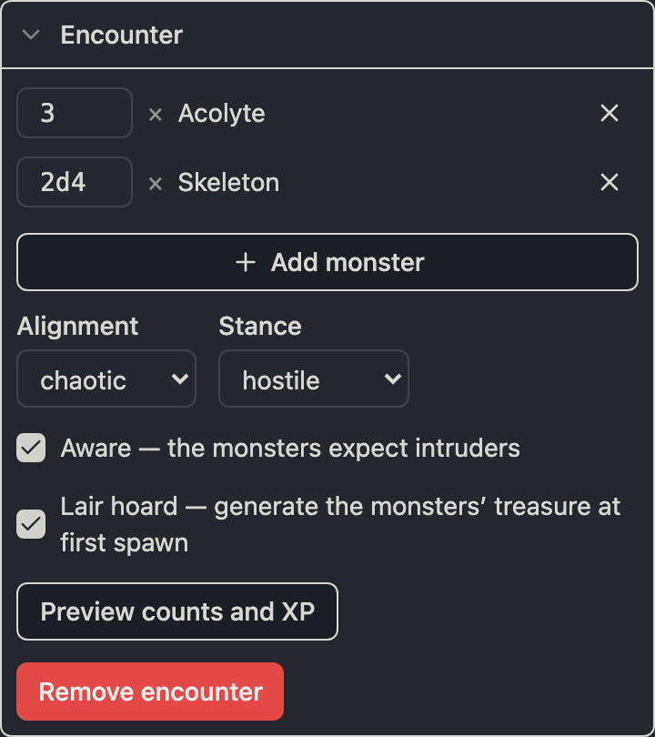The expanded encounter card: two monster lines reading 3 × Acolyte and 2d4 × Skeleton, an Add monster button, the alignment select pinned to chaotic beside the stance select pinned to hostile, and the aware and lair hoard checkboxes both ticked