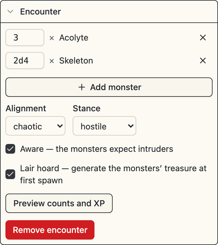The expanded encounter card: two monster lines reading 3 × Acolyte and 2d4 × Skeleton, an Add monster button, the alignment select pinned to chaotic beside the stance select pinned to hostile, and the aware and lair hoard checkboxes both ticked