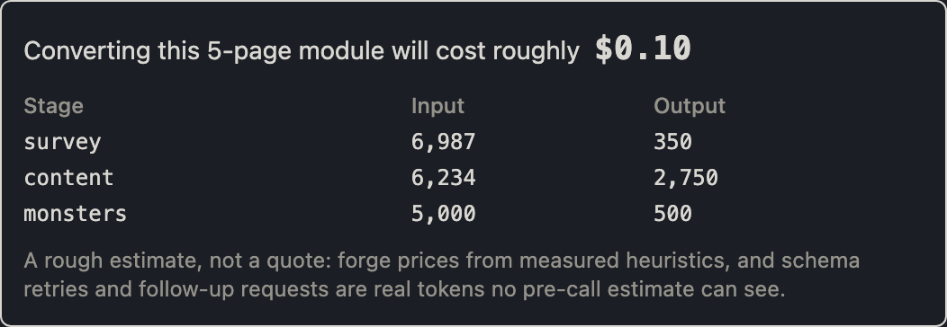 The cost gate showing the page count, per-stage token predictions, and the estimated cost