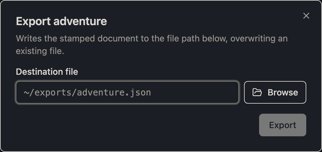 The export dialog, ready for a destination path