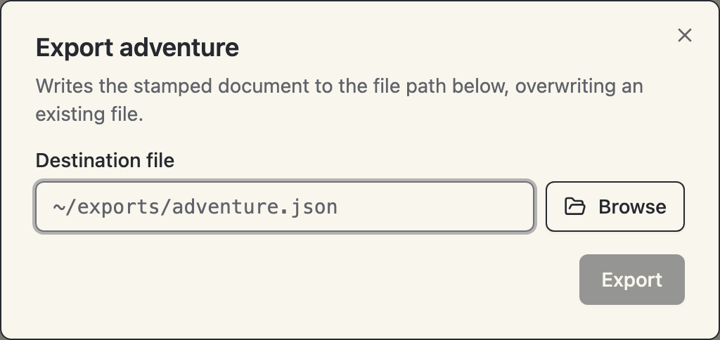 The export dialog, ready for a destination path
