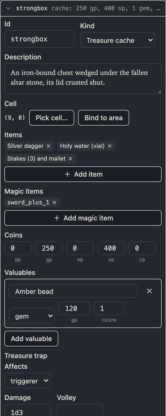 The strongbox feature expanded as a treasure cache: its id and kind, a description of an iron-bound chest, a cell binding of (9, 0), three item chips for silver_dagger, holy_water and stakes_and_mallet, a magic item chip for sword_plus_1, coins of 250 gp and 400 sp, an Amber bead gem worth 120 gp weighing 1 coin, and the treasure trap's builder starting below them with affects, 1d3 damage, and a death save that negates — the builder running on past the bottom of the frame