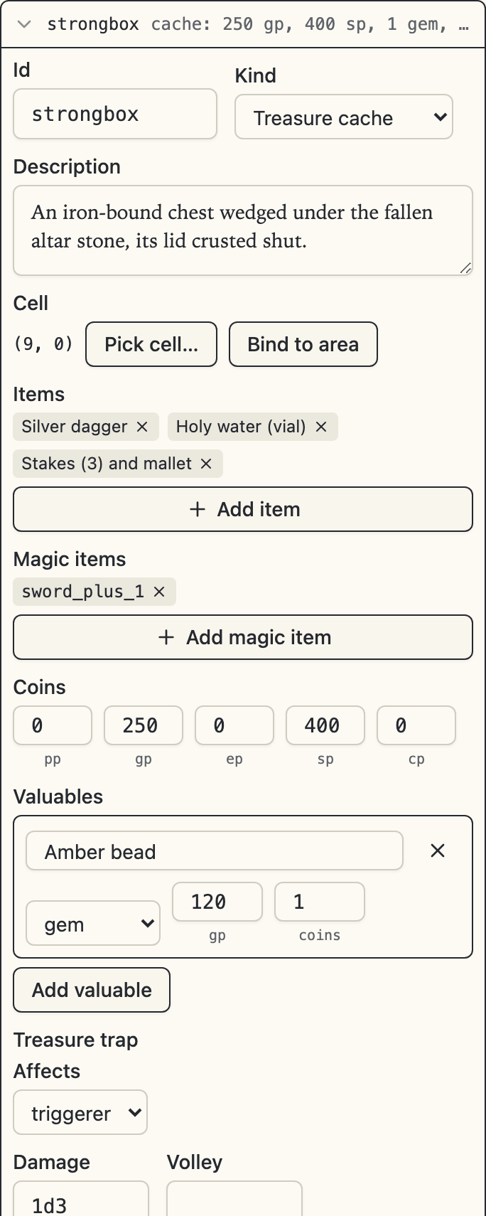 The strongbox feature expanded as a treasure cache: its id and kind, a description of an iron-bound chest, a cell binding of (9, 0), three item chips for silver_dagger, holy_water and stakes_and_mallet, a magic item chip for sword_plus_1, coins of 250 gp and 400 sp, an Amber bead gem worth 120 gp weighing 1 coin, and the treasure trap's builder starting below them with affects, 1d3 damage, and a death save that negates — the builder running on past the bottom of the frame