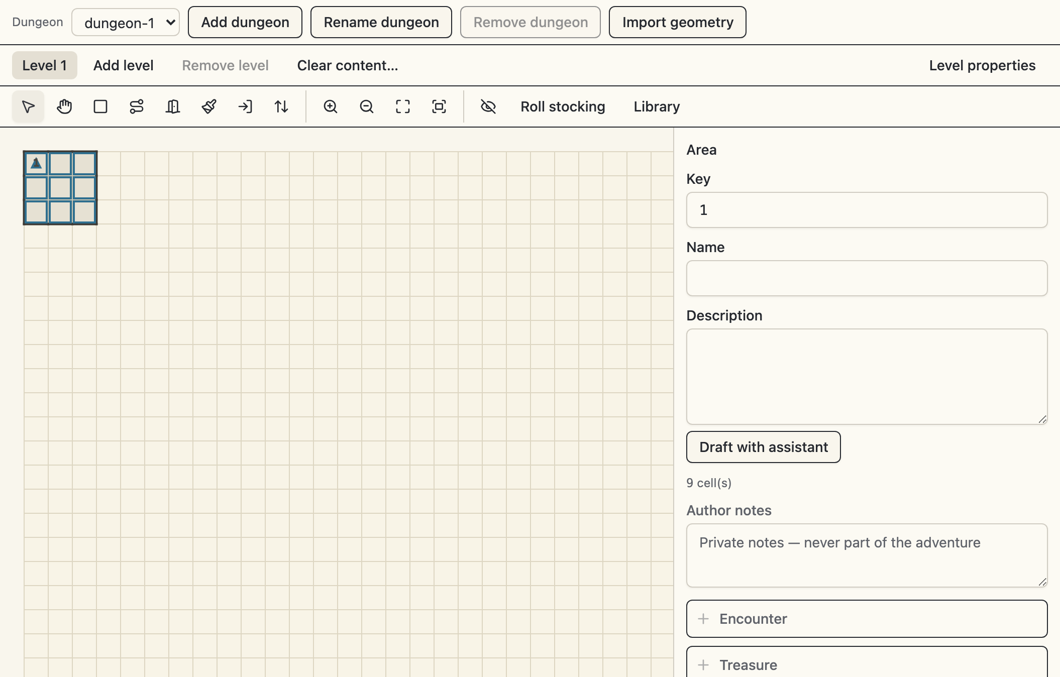 A single room drawn on the blank graph-paper grid with the room tool