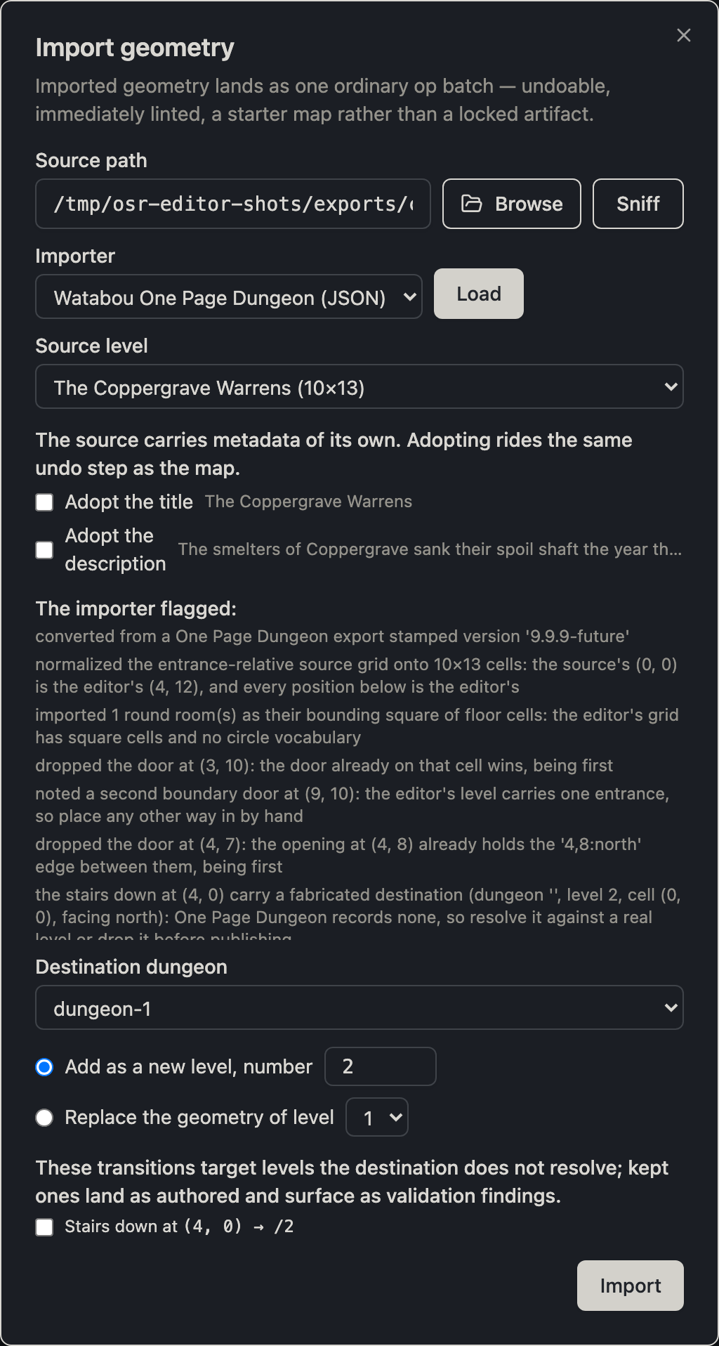 The import dialog listing every judgment call the One Page Dungeon converter made — the round room imported as its bounding square, two doors dropped as duplicates, a second boundary door left to place by hand, and the stairs down with a fabricated destination to resolve or drop before publishing — above the title and story offered for adoption and the destination controls