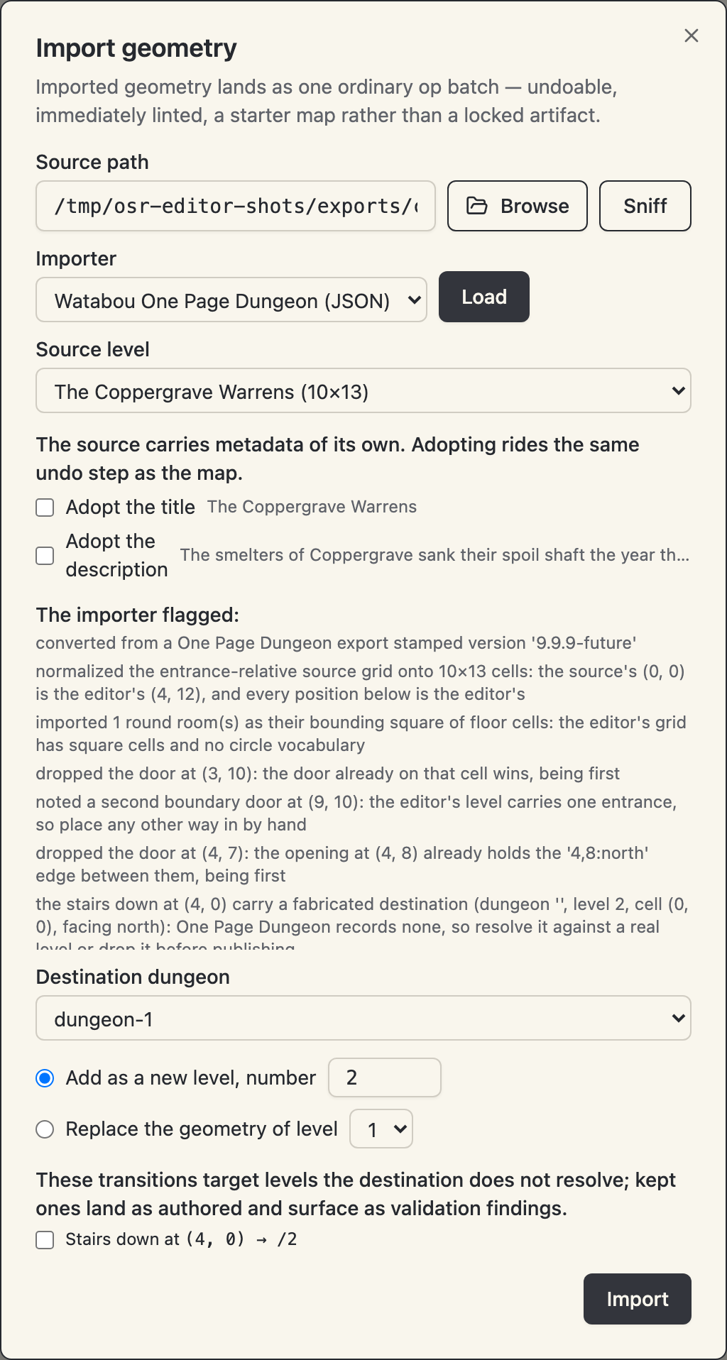 The import dialog listing every judgment call the One Page Dungeon converter made — the round room imported as its bounding square, two doors dropped as duplicates, a second boundary door left to place by hand, and the stairs down with a fabricated destination to resolve or drop before publishing — above the title and story offered for adoption and the destination controls