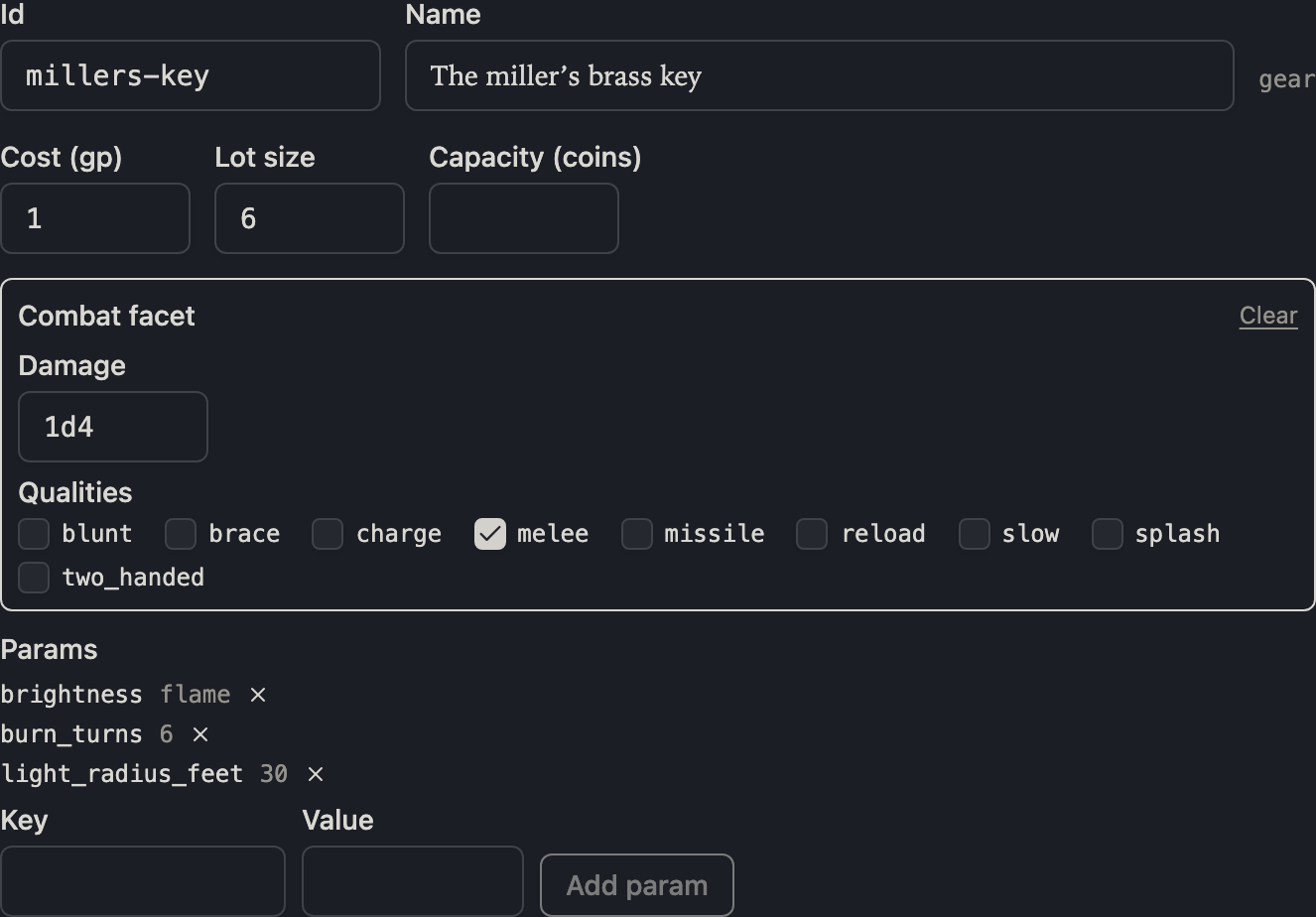 The gear detail form for the miller's brass key: cost, lot size, capacity, the combat facet disclosure, and params