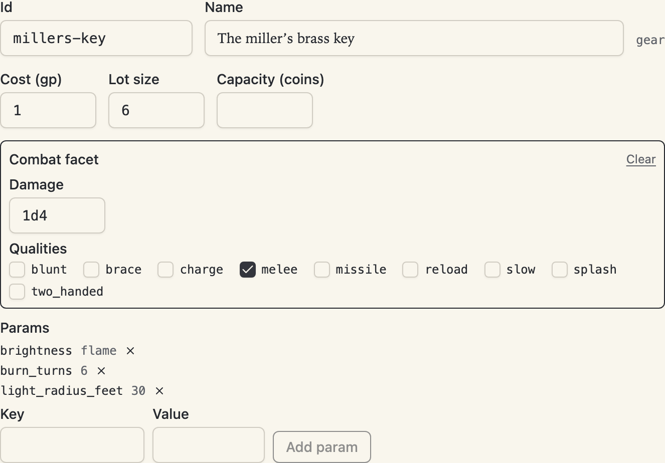 The gear detail form for the miller's brass key: cost, lot size, capacity, the combat facet disclosure, and params