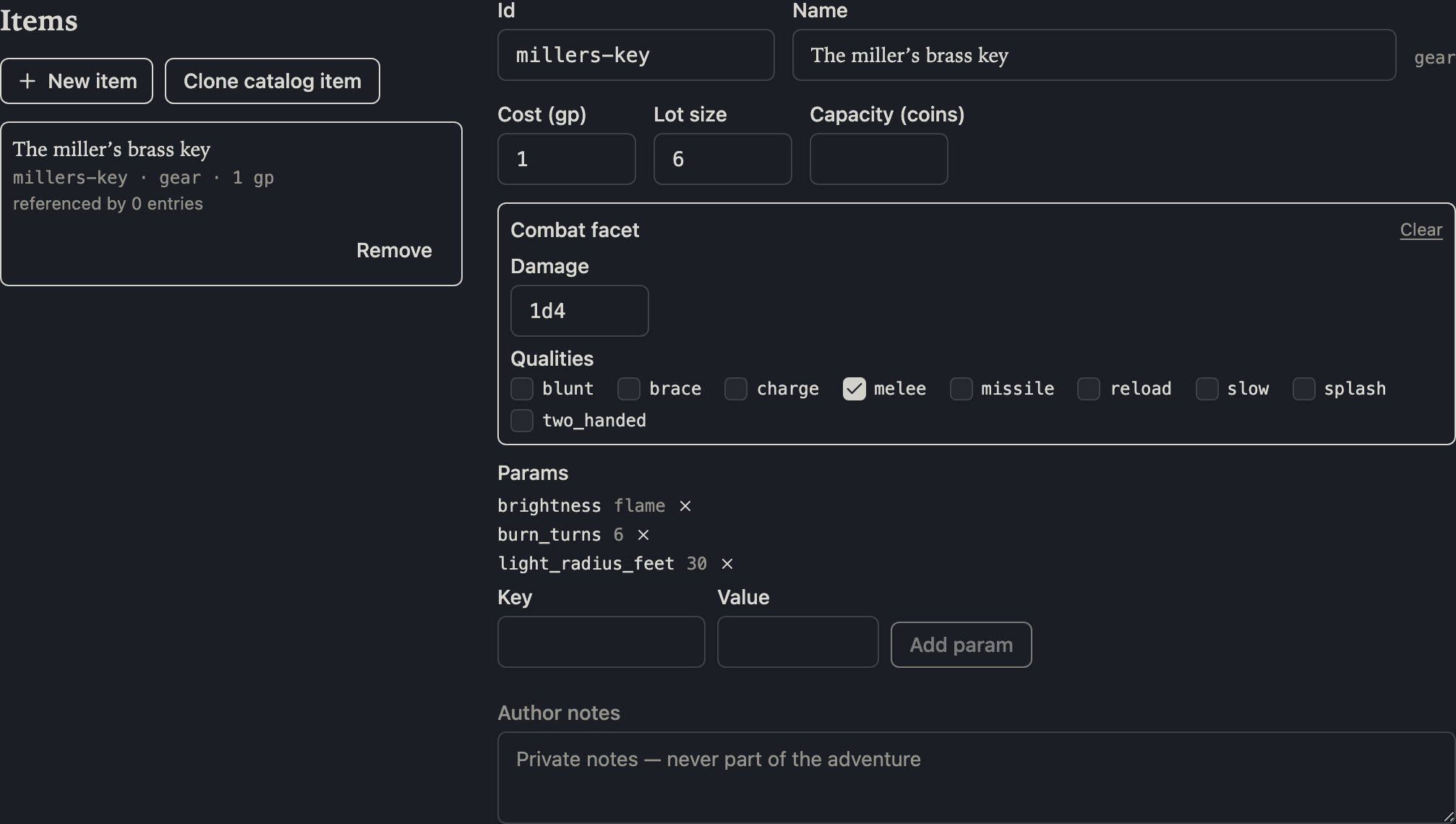 The items section: the bundled item list beside the per-kind detail form