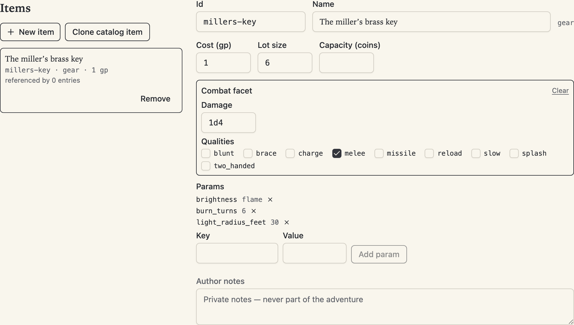 The items section: the bundled item list beside the per-kind detail form