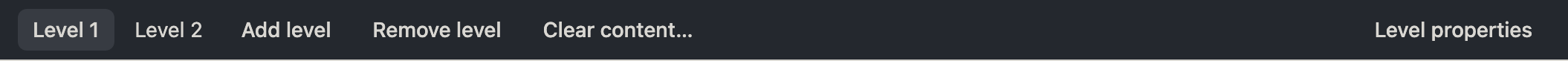 The level row: the level picker, add level, remove level, clear content, and level properties