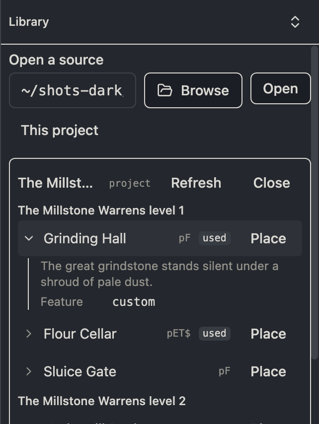The content library panel with an open source, kind glyphs, used badges, and an expanded entry preview