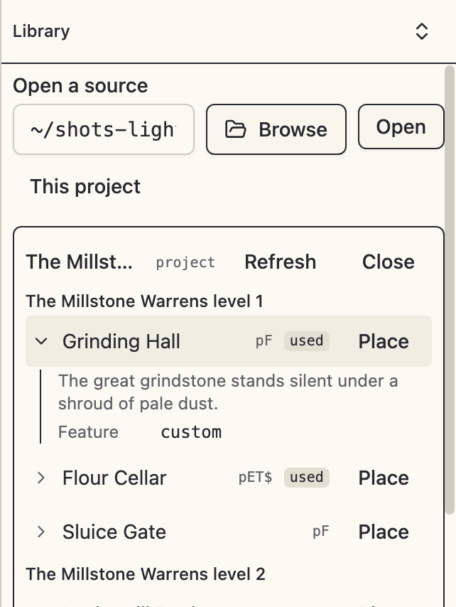 The content library panel with an open source, kind glyphs, used badges, and an expanded entry preview