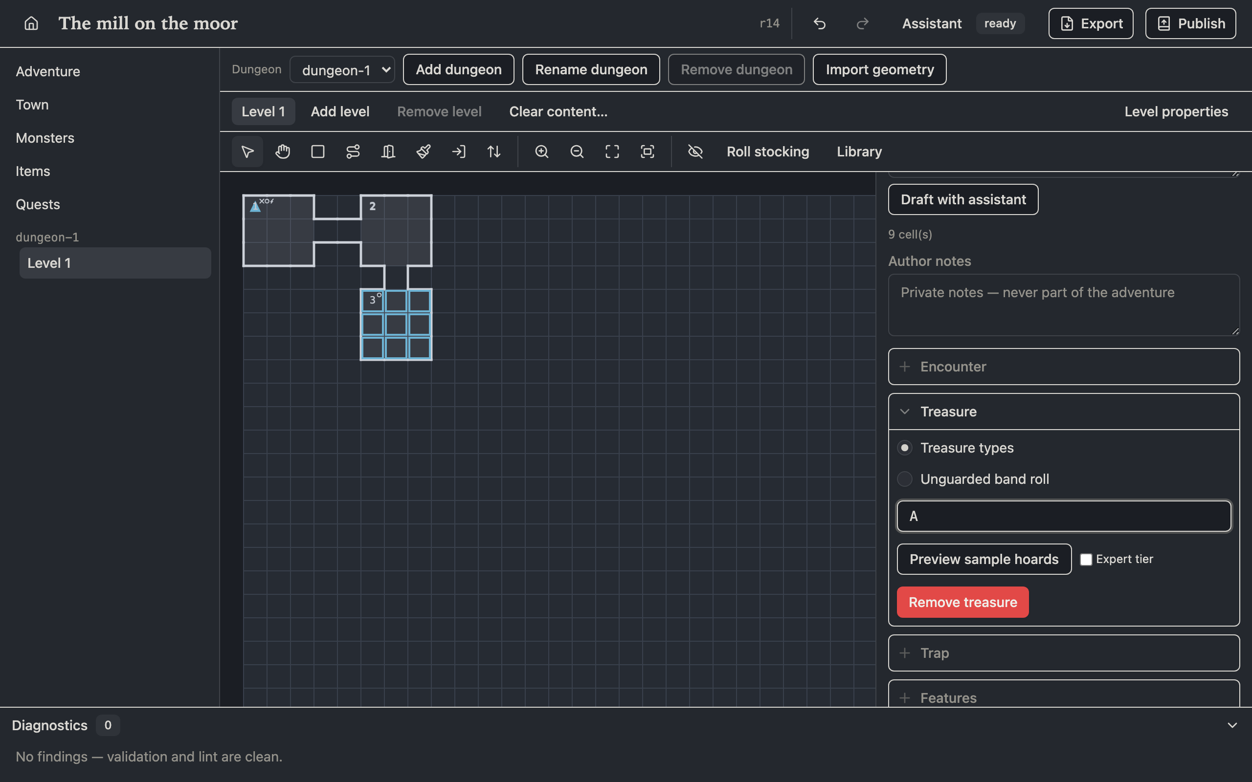 The osr-editor map editor showing a stocked dungeon level with the area inspector open