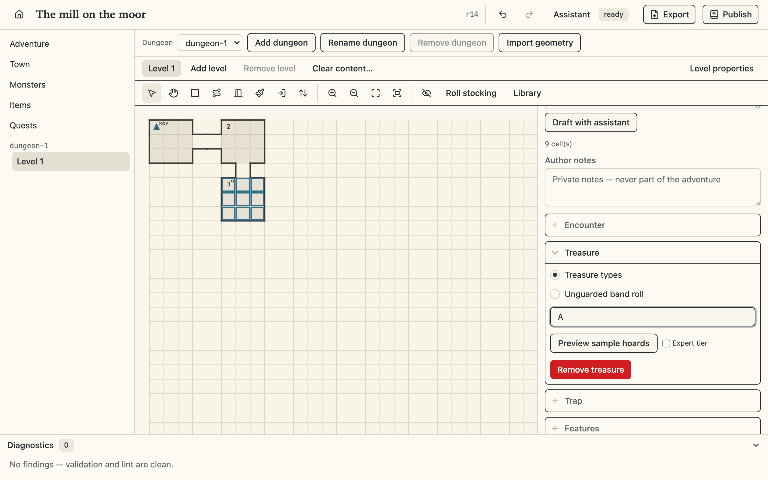 The osr-editor map editor showing a stocked dungeon level with the area inspector open