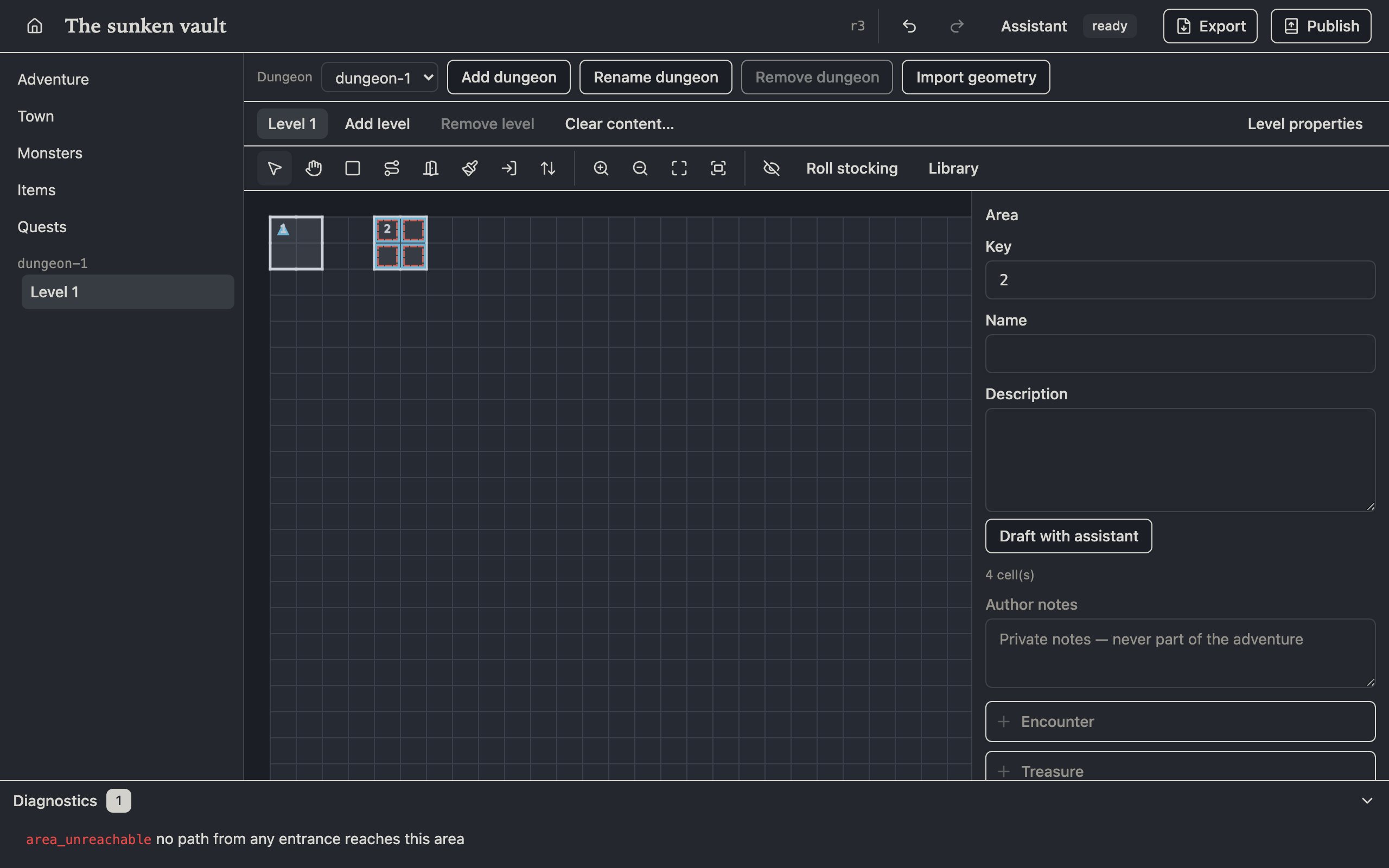 An unreachable area marked on the map with the matching finding listed in the diagnostics panel