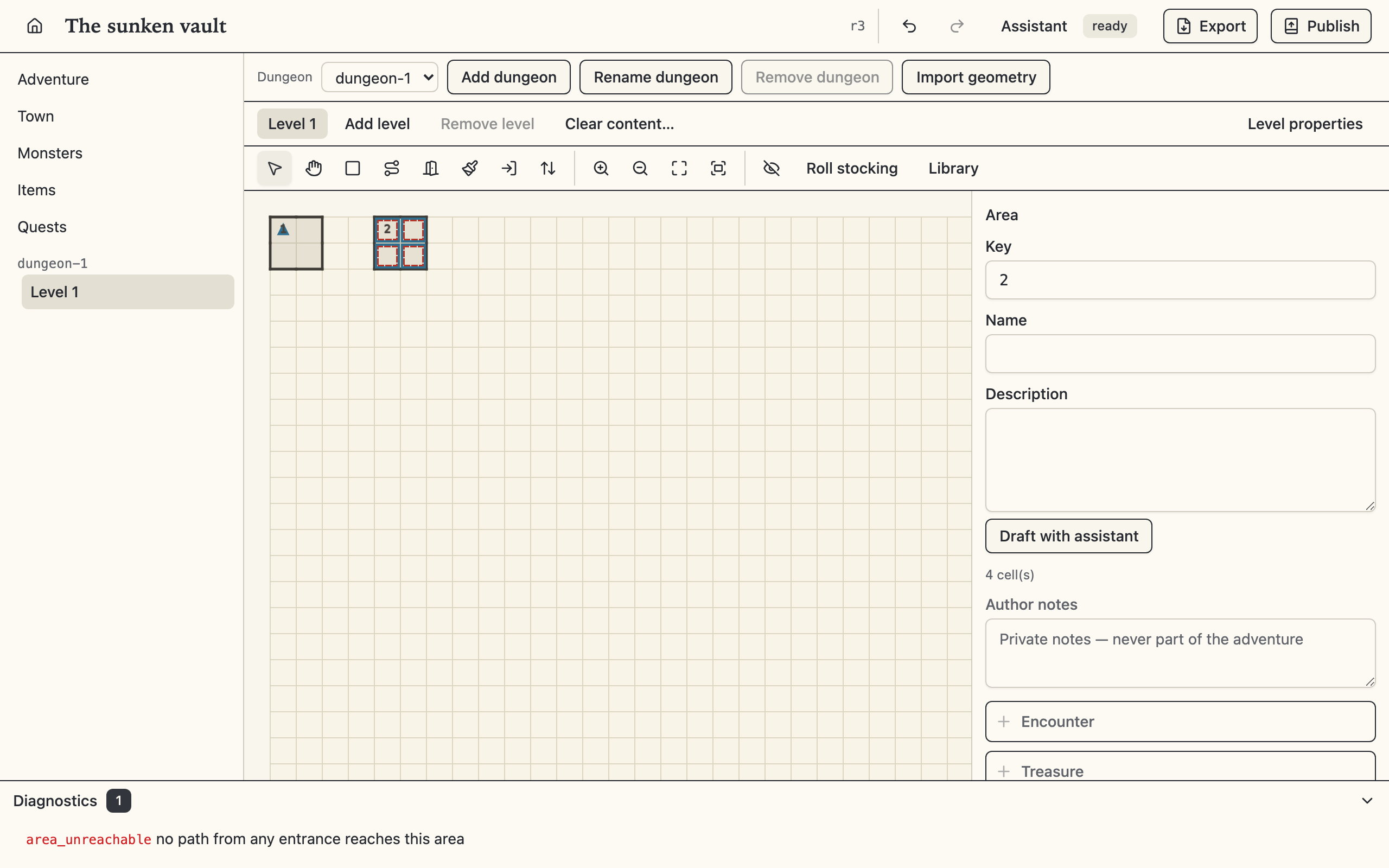 An unreachable area marked on the map with the matching finding listed in the diagnostics panel
