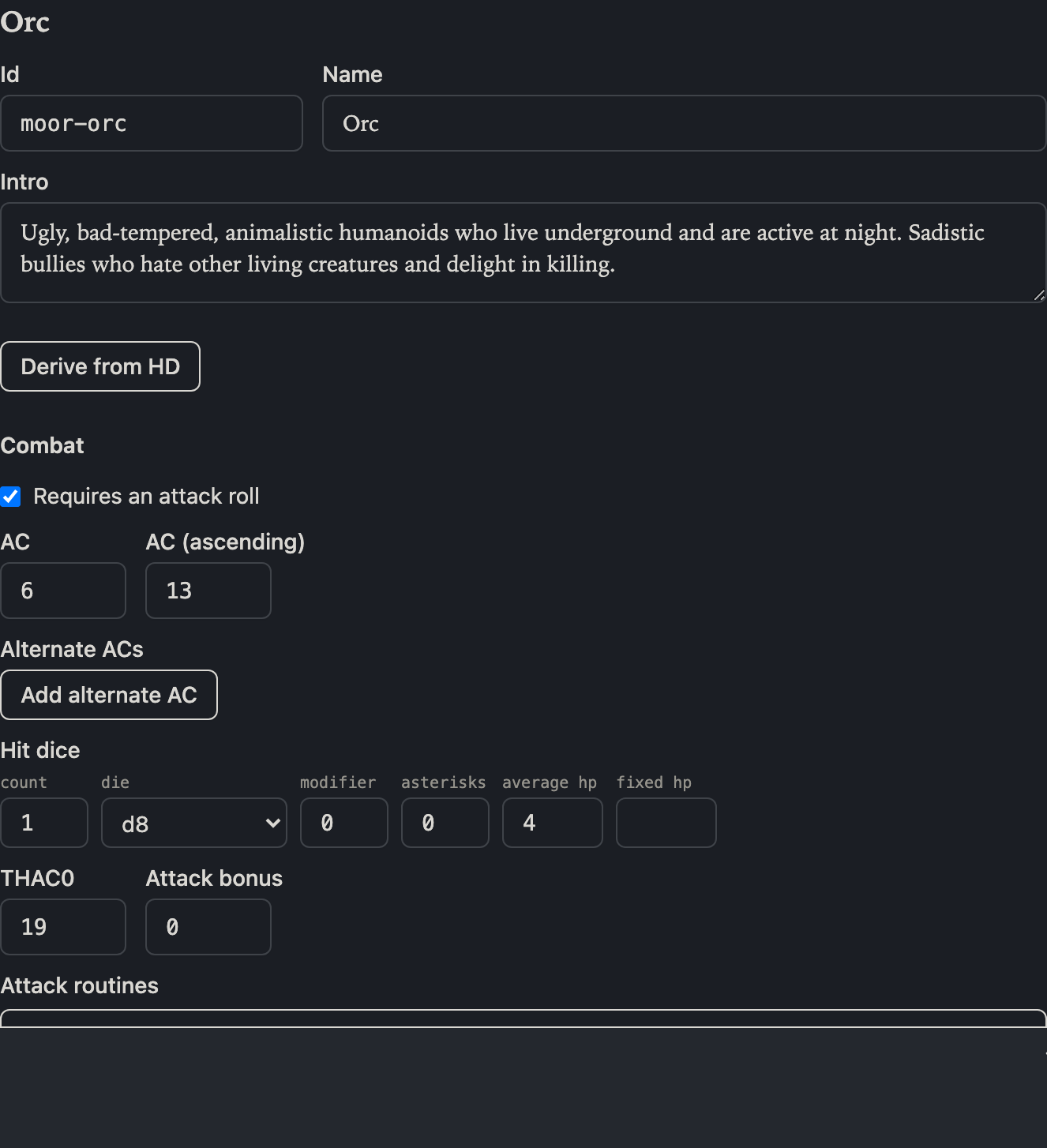 The monster detail editor showing armour class, hit dice, and attack routines