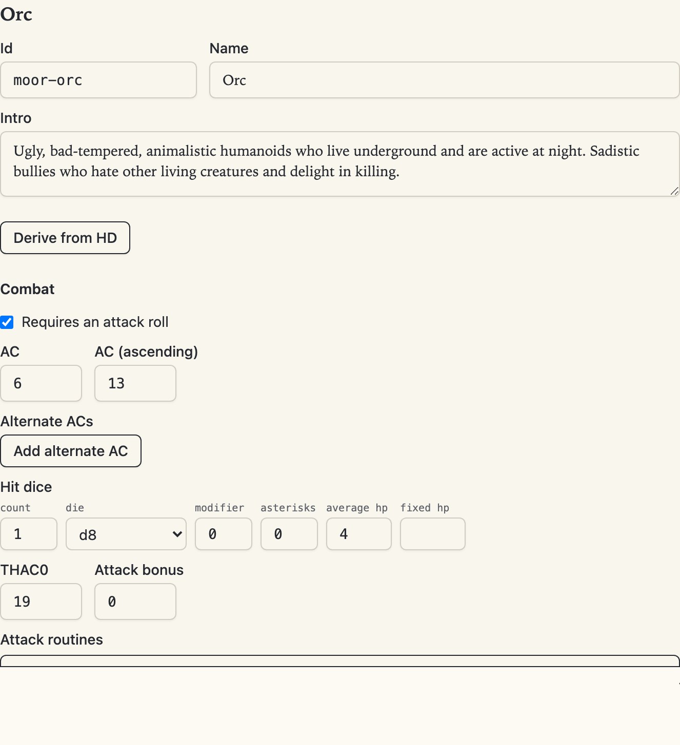 The monster detail editor showing armour class, hit dice, and attack routines
