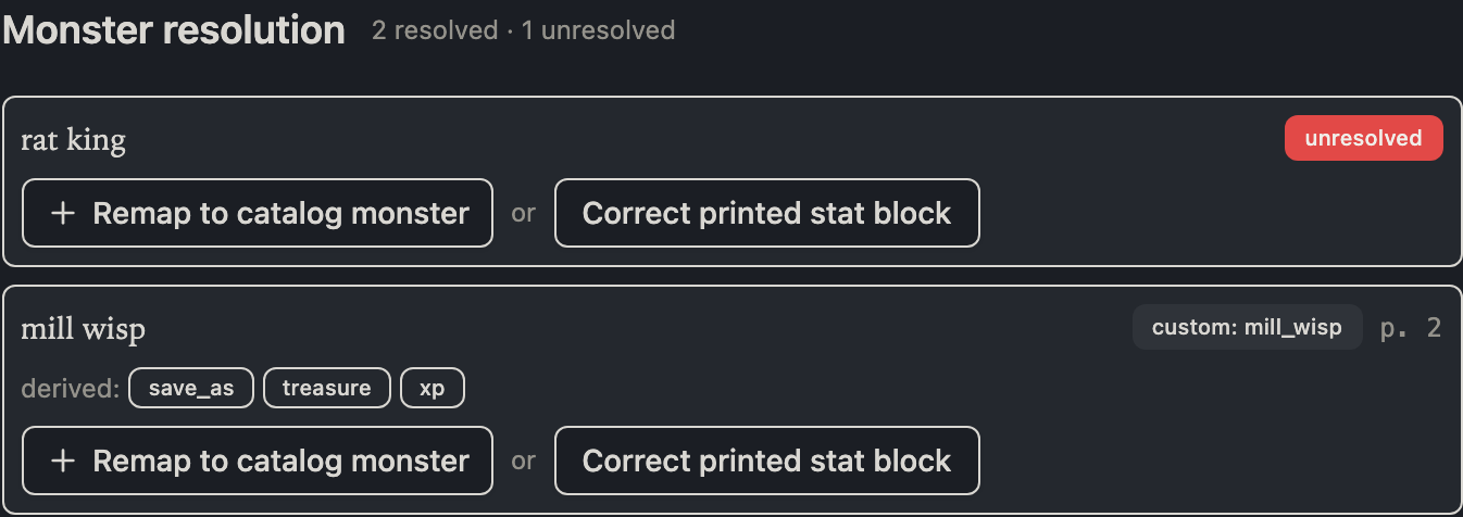 The monster resolution panel offering remap or stat-block correction for an unresolved name