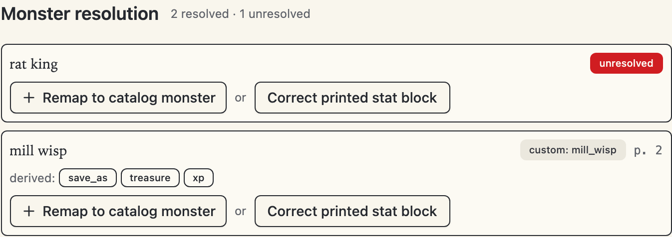The monster resolution panel offering remap or stat-block correction for an unresolved name
