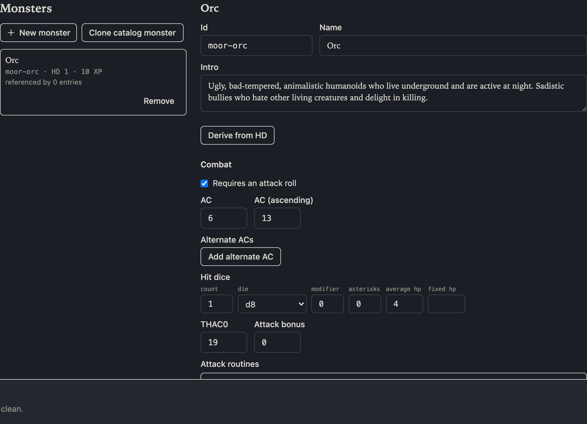 The monsters section: the bundled template list beside the stat-block editor