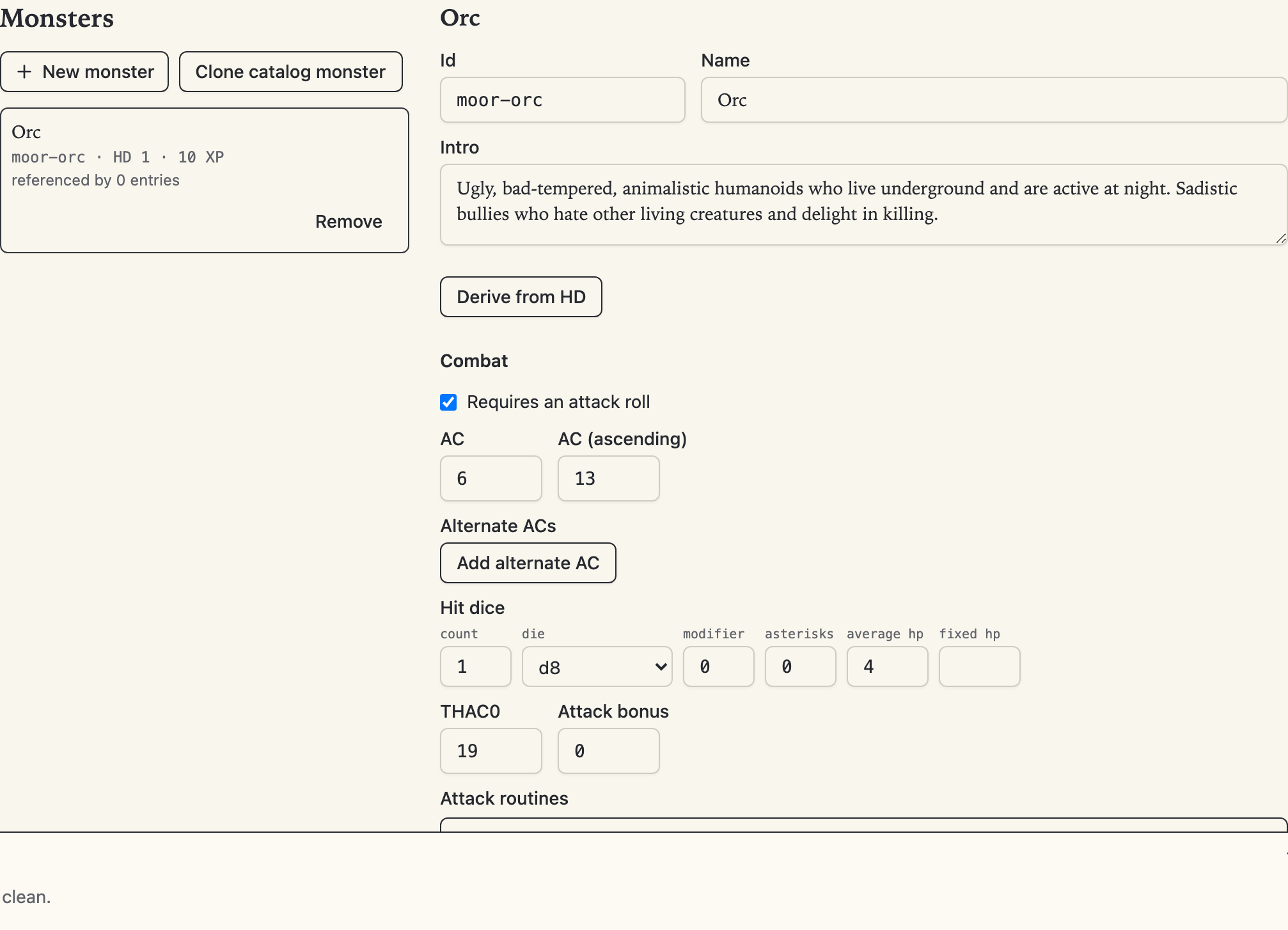 The monsters section: the bundled template list beside the stat-block editor