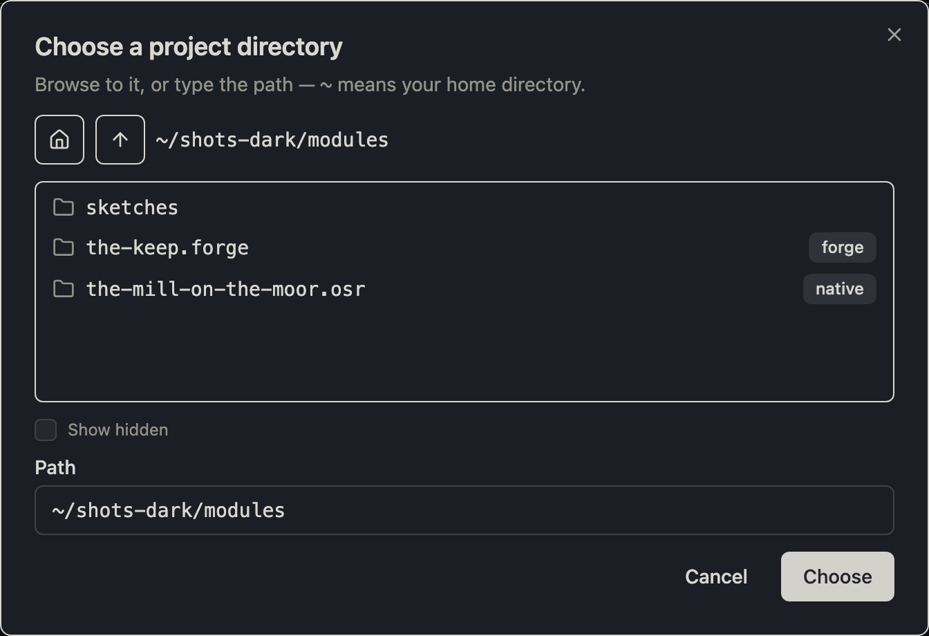 The path picker listing a directory, marking one entry as a native project and another as a forge workdir