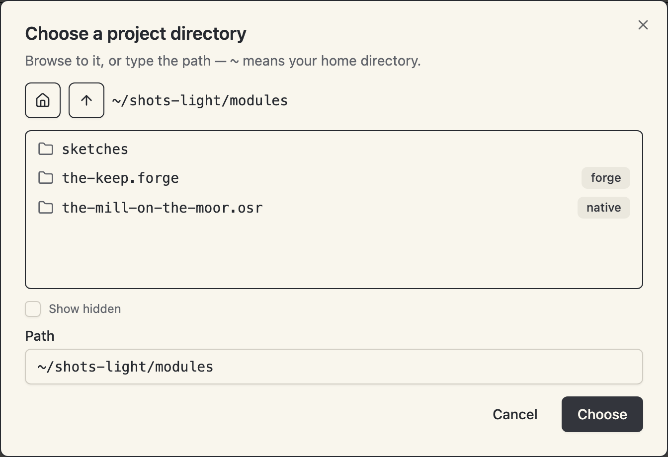 The path picker listing a directory, marking one entry as a native project and another as a forge workdir