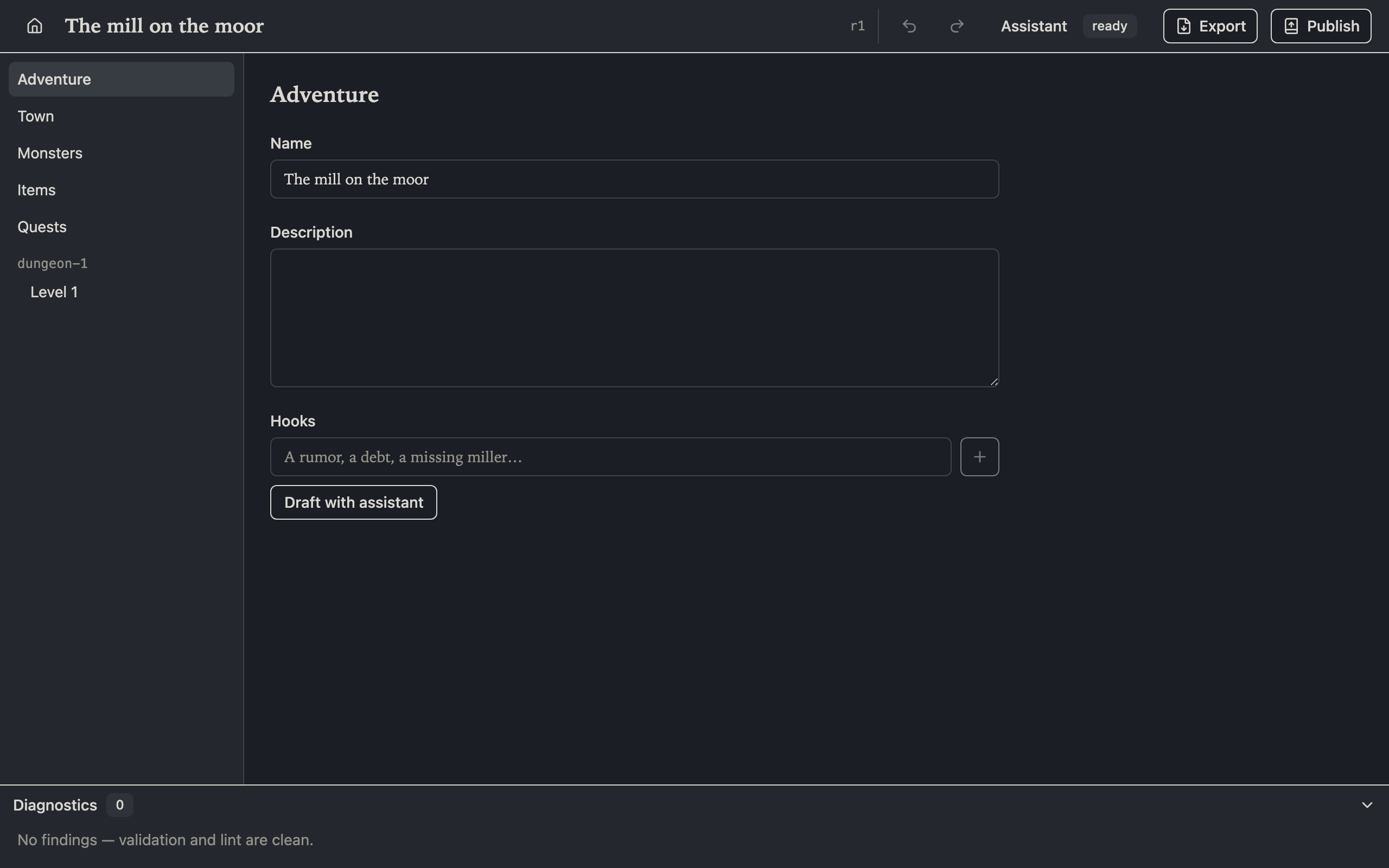 The project chrome: the sections rail beside the adventure form, with the revision token and the undo and redo controls