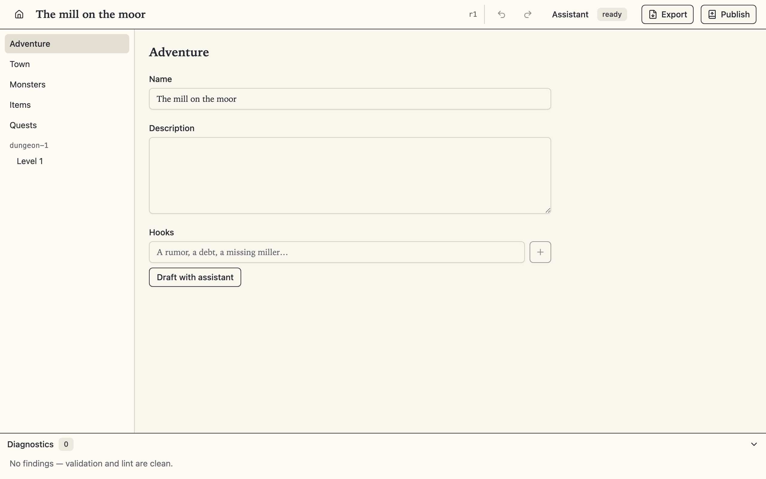 The project chrome: the sections rail beside the adventure form, with the revision token and the undo and redo controls