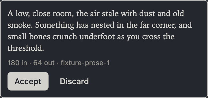 The prose assistant's drafted read-aloud description, with the token usage shown on every draft