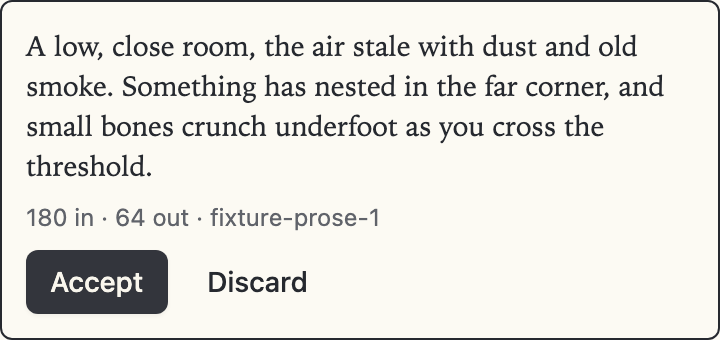 The prose assistant's drafted read-aloud description, with the token usage shown on every draft