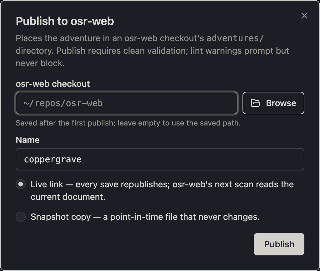 The publish dialog offering a symlink or a snapshot into an osr-web checkout