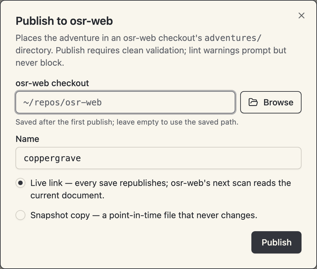 The publish dialog offering a symlink or a snapshot into an osr-web checkout