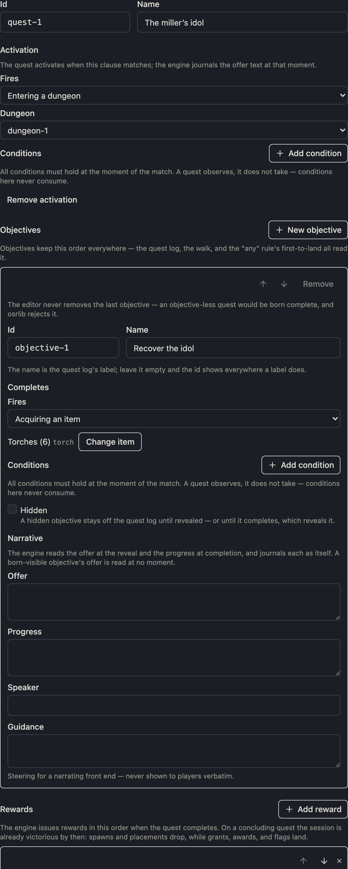 The quest detail editor: the name, the activation clause, and the first objective with its completion clause, hidden toggle, and beats