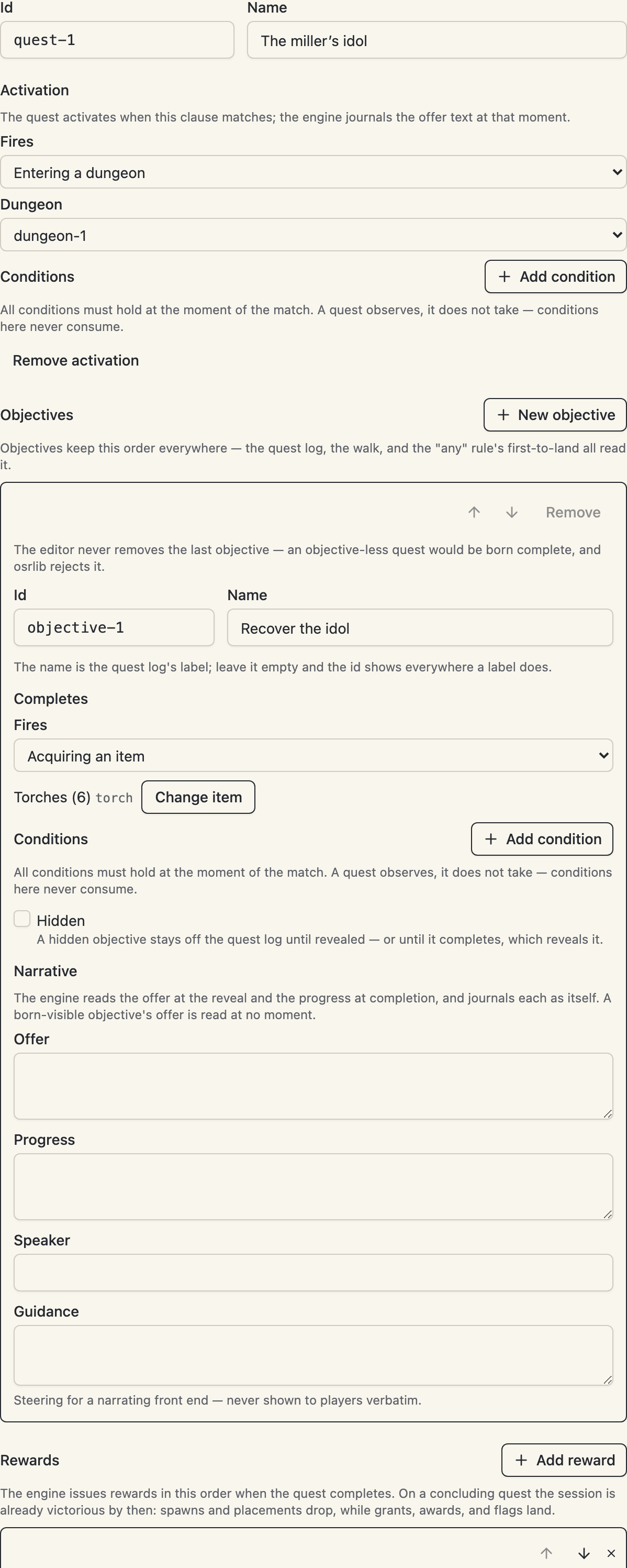 The quest detail editor: the name, the activation clause, and the first objective with its completion clause, hidden toggle, and beats