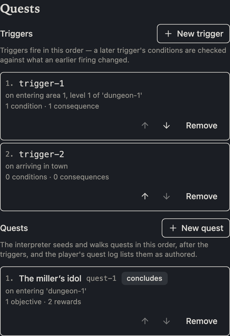 The quests section's trigger list: numbered rows in firing order, each with its pattern summary, counts, reorder buttons, and remove